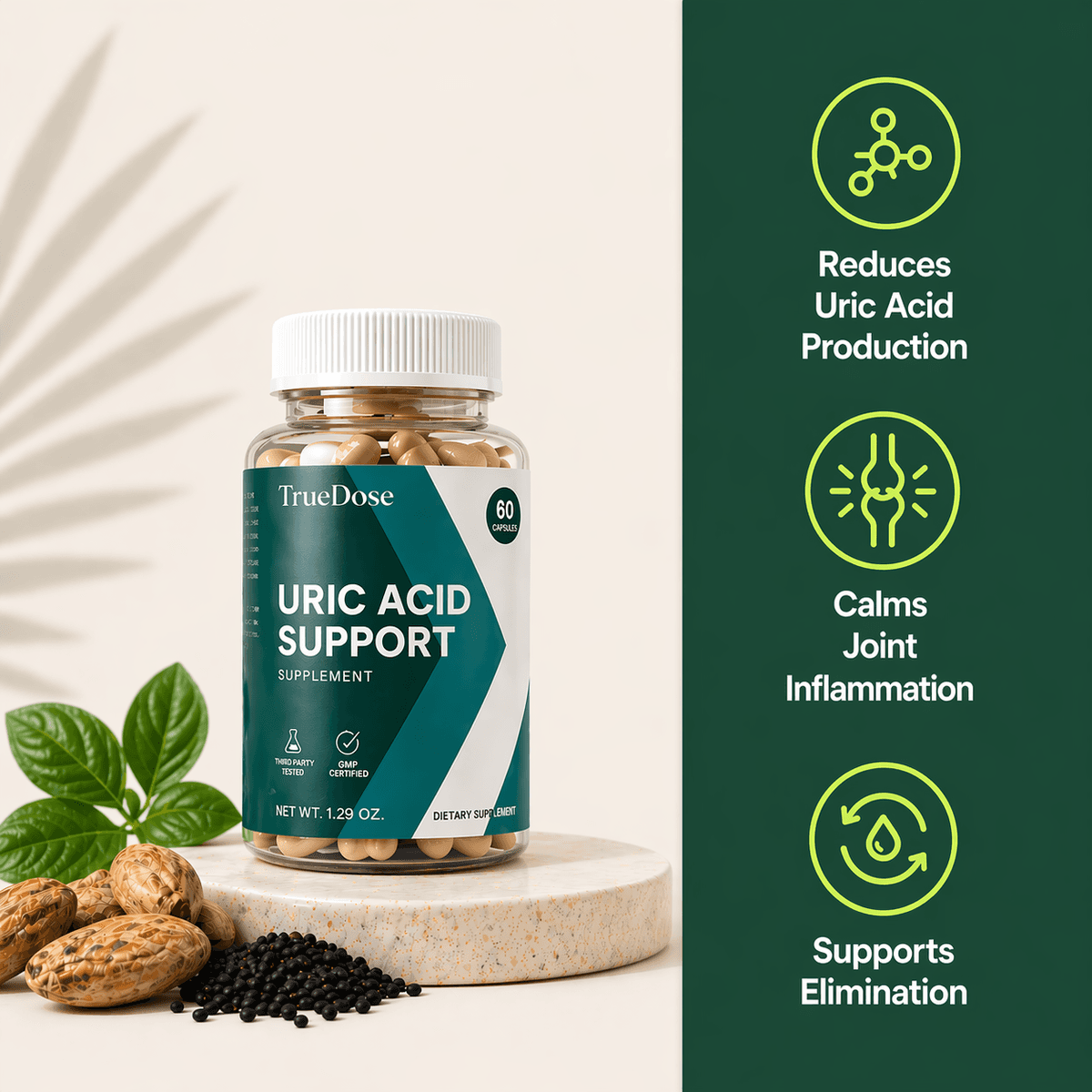 TrueDose Uric Acid Support bottle with pathway support callouts