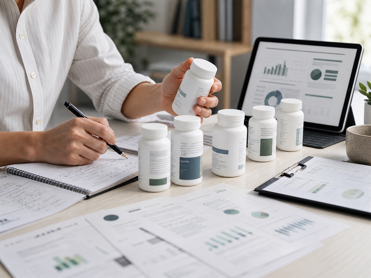 Supplement bottles being reviewed beside research notes and charts