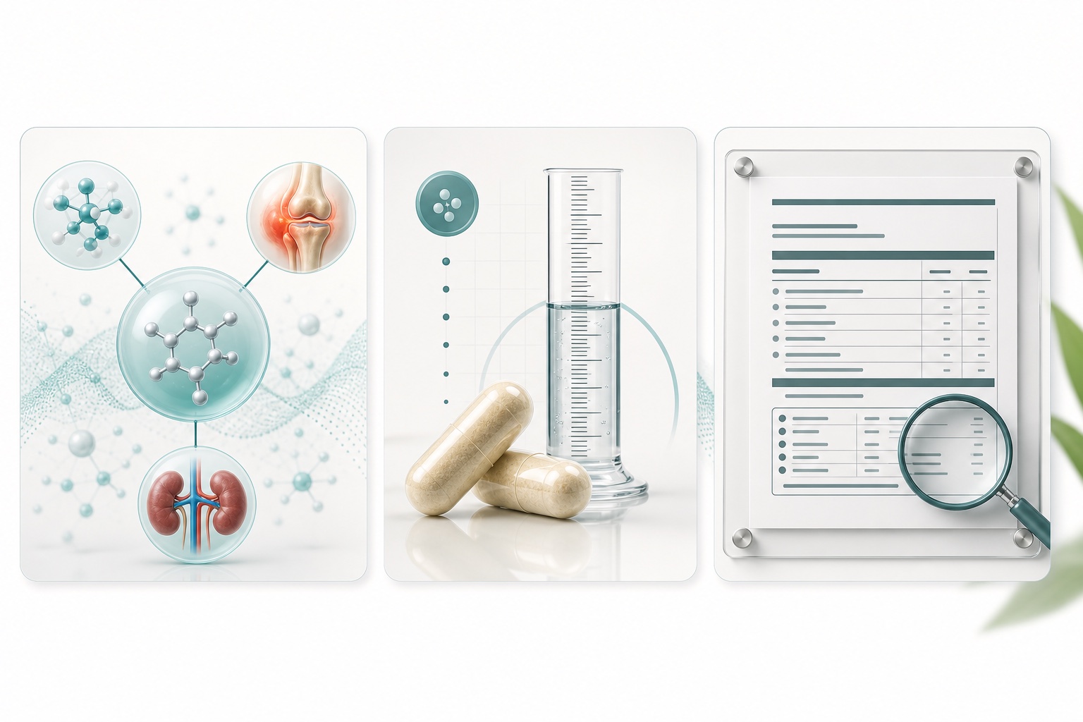Glossy health-magazine visual showing pathway coverage, clinical dosing, and label transparency criteria