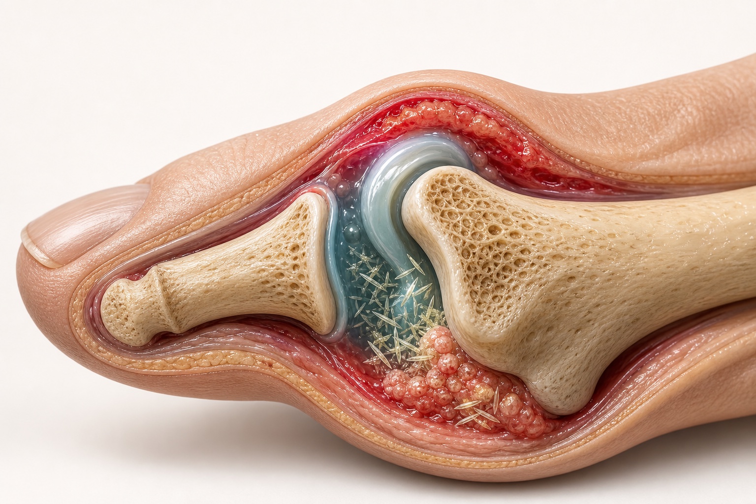 Glossy medical-style diagram showing urate crystals and inflammation inside the big toe joint