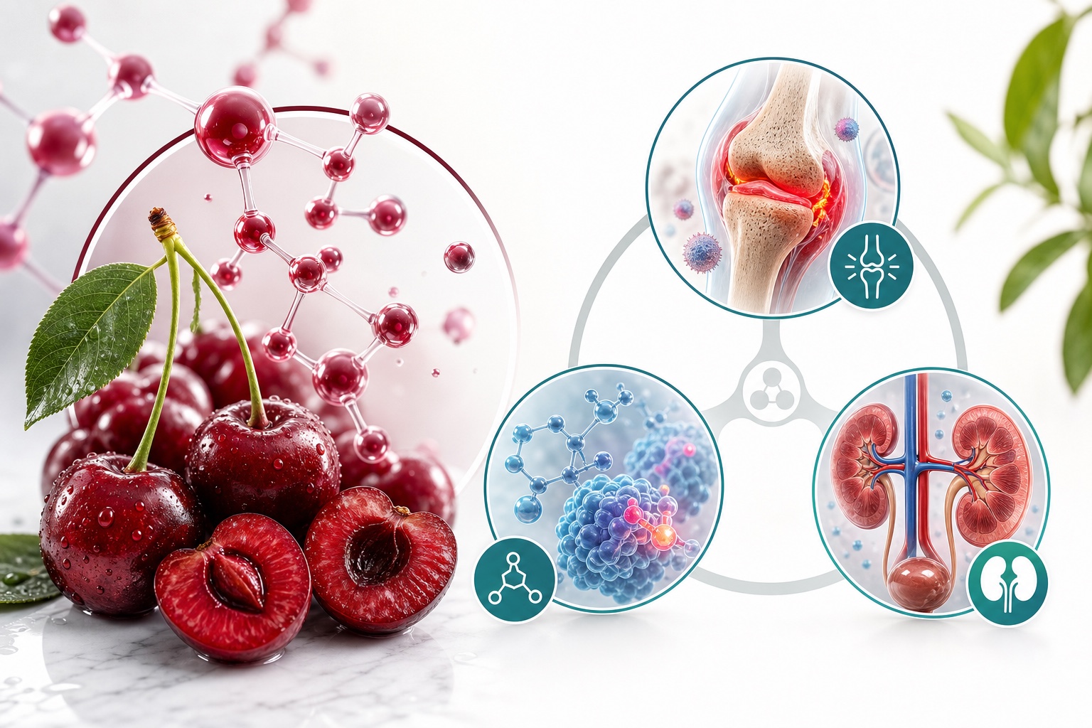 Glossy scientific visual showing tart cherry within a broader uric acid support pathway system