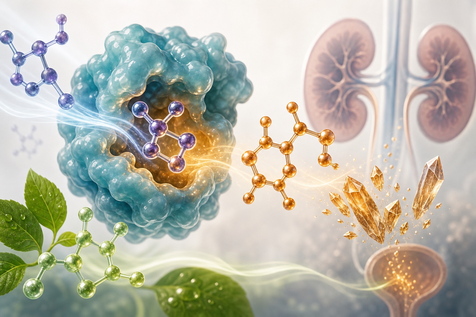 Glossy scientific visual of the xanthine oxidase pathway involved in uric acid production