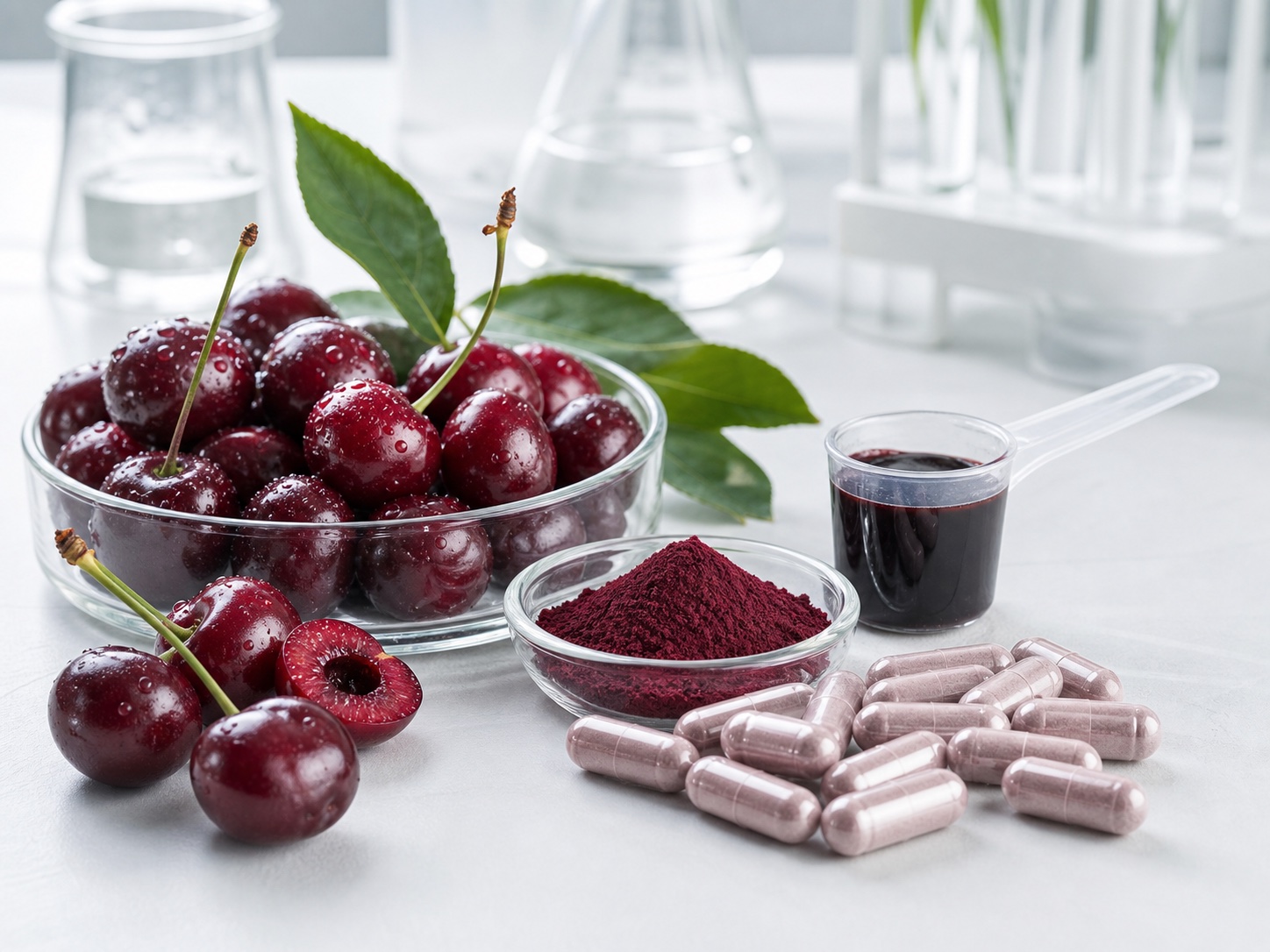 Tart cherries, extract, and capsules arranged in a clean research setting